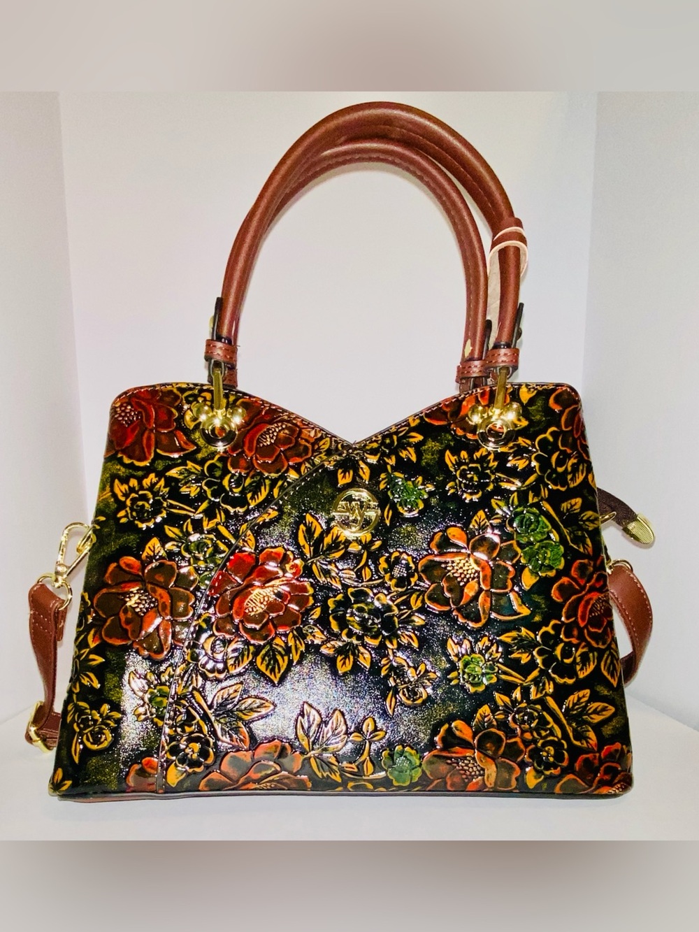 Se Wei Ya Hand Bag Leather Vintage Flower Pattern Luxury Women's Satchel